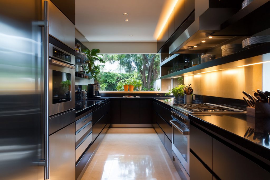 Modern UI Shape galley kitchen view into garden for cooking inspiration, real estate listing