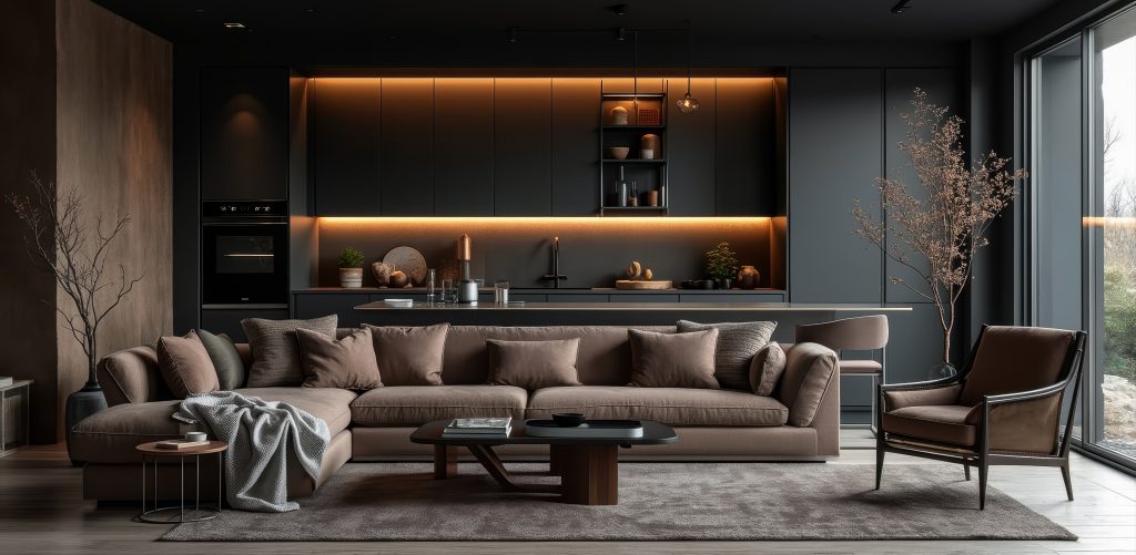 showcases a modern living room with a large l-shaped sofa in a warm taupe fabric complemented by a dark wooden coffee table and a dark brown armchair. the room features a sleek dark grey kitchen with warm led strip lighting above the counter creating a sophisticated calming atmosphere.